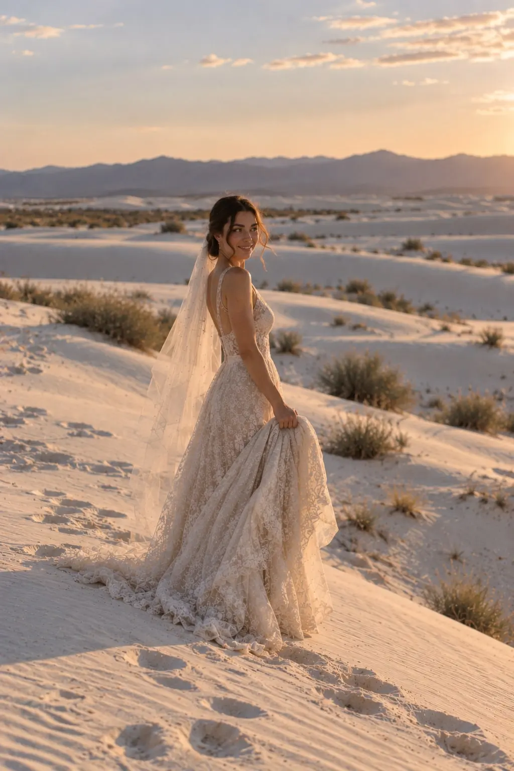 A bride on a white dune at sunset, looking back over her shoulder