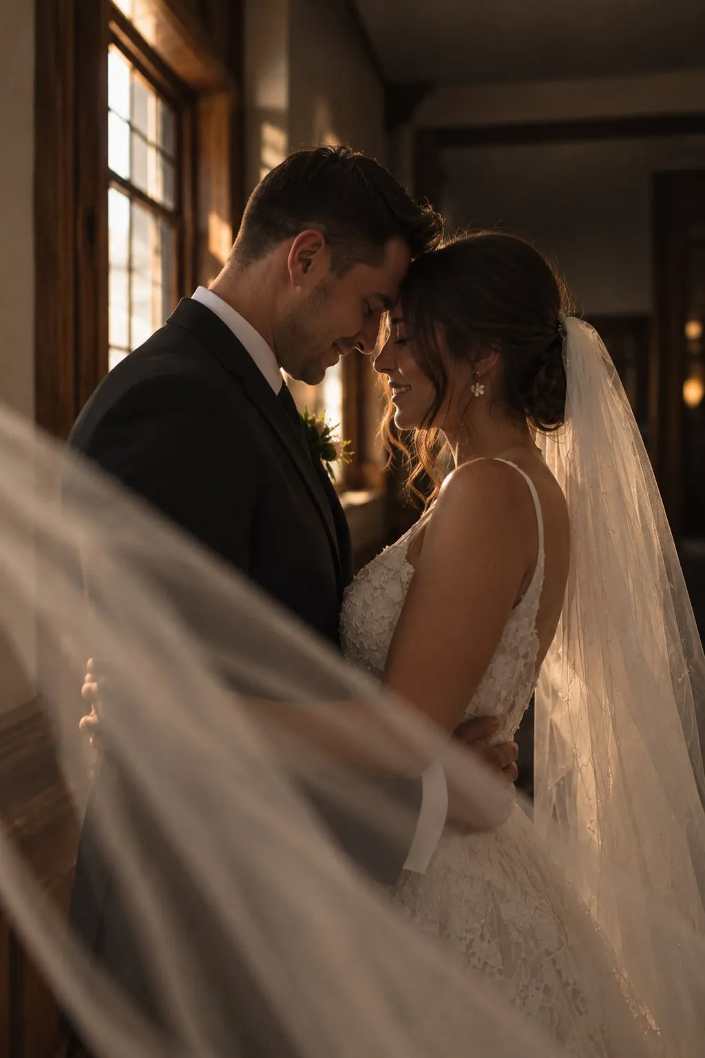 A bride and groom with their foreheads together by a tall window